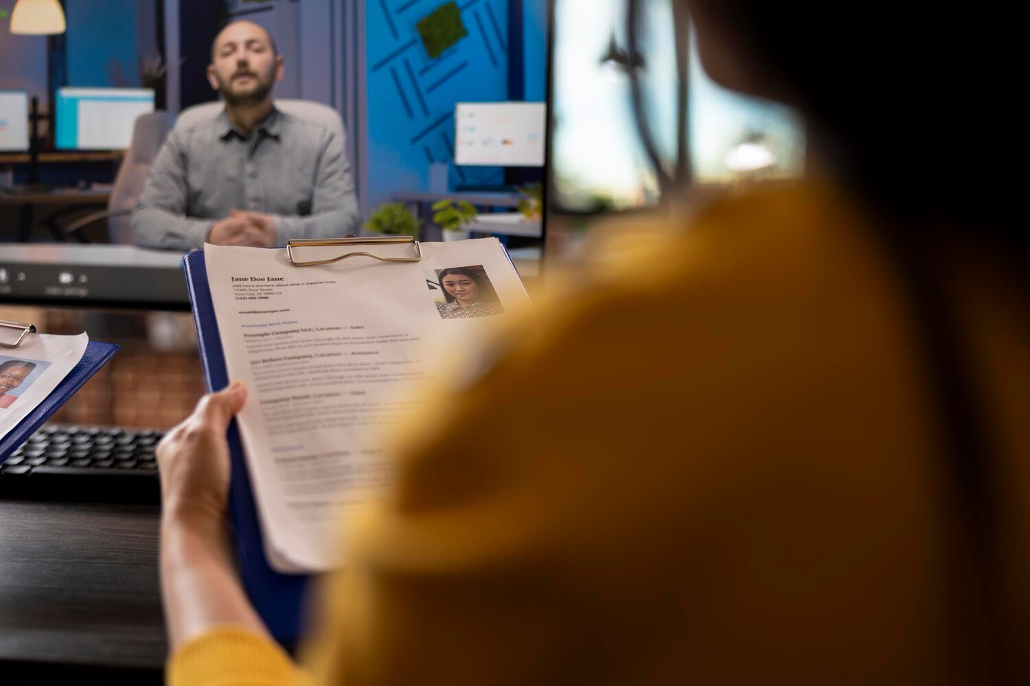 Reclutadora revisando diferentes tipos de currículum en una reunión virtual