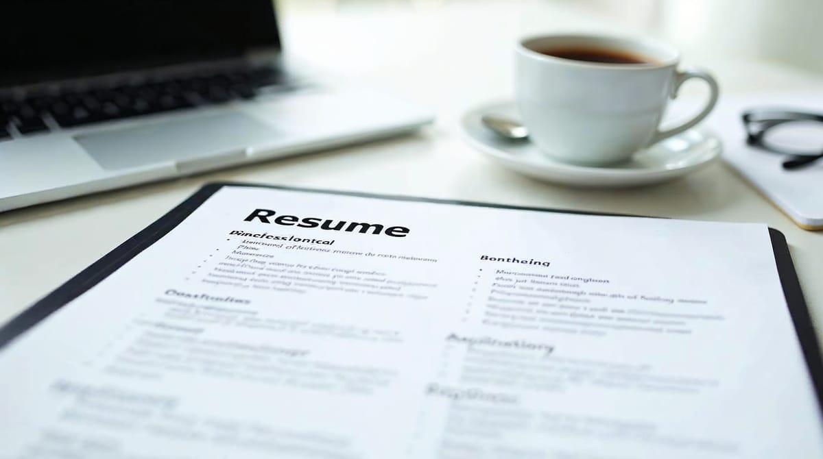 Currículum vitae de estudiante sobre un escritorio moderno junto a un portátil