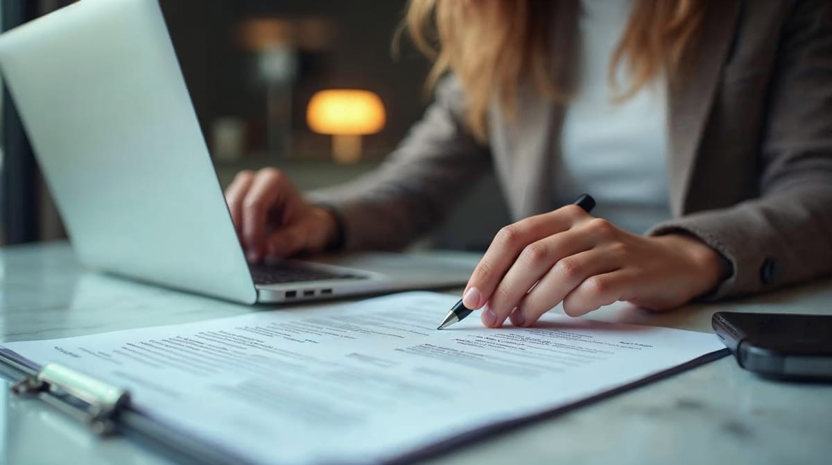 Profesional europeo revisando un currículum Europass en su escritorio de oficina