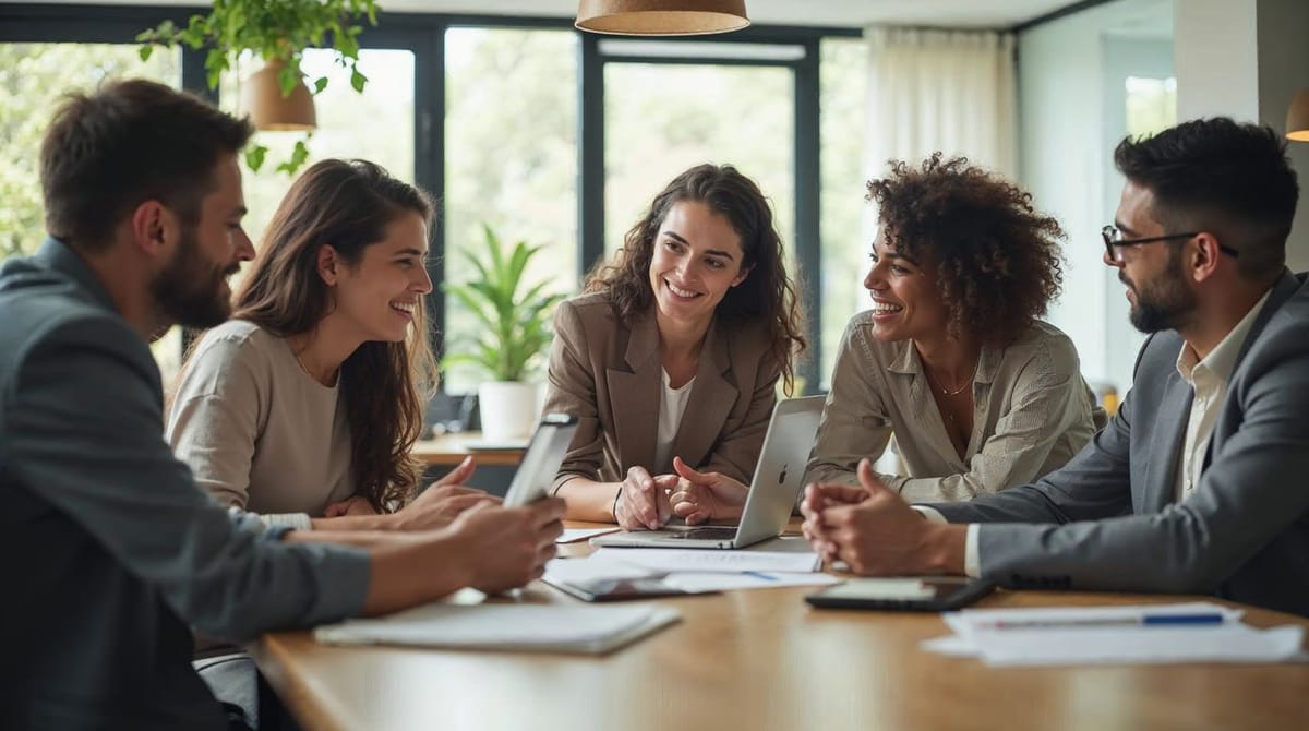 Equipo de profesionales colaborando en una oficina moderna, demostrando habilidades de trabajo en equipo