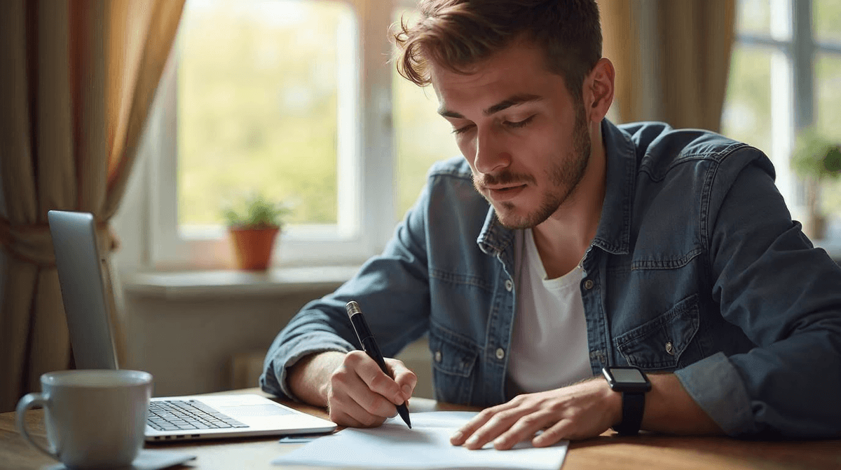 Profesional preparando una entrevista de trabajo revisando notas en su escritorio